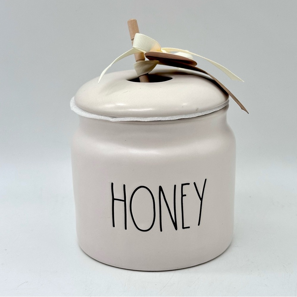 Rae Dunn Ceramic Honey Jar Pot Canister with Wooden Dipper
